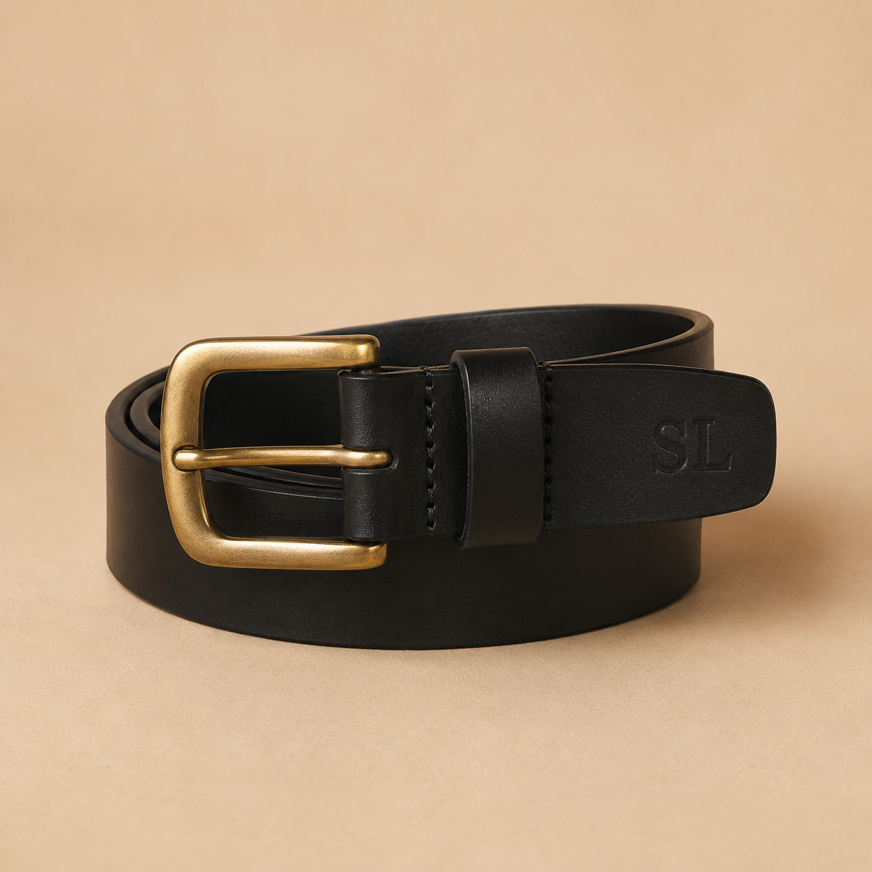 Leather Belt With Brass Buckle - Black