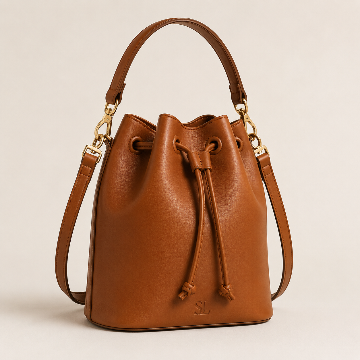 Leather Mini Bucket Bag - Cognac