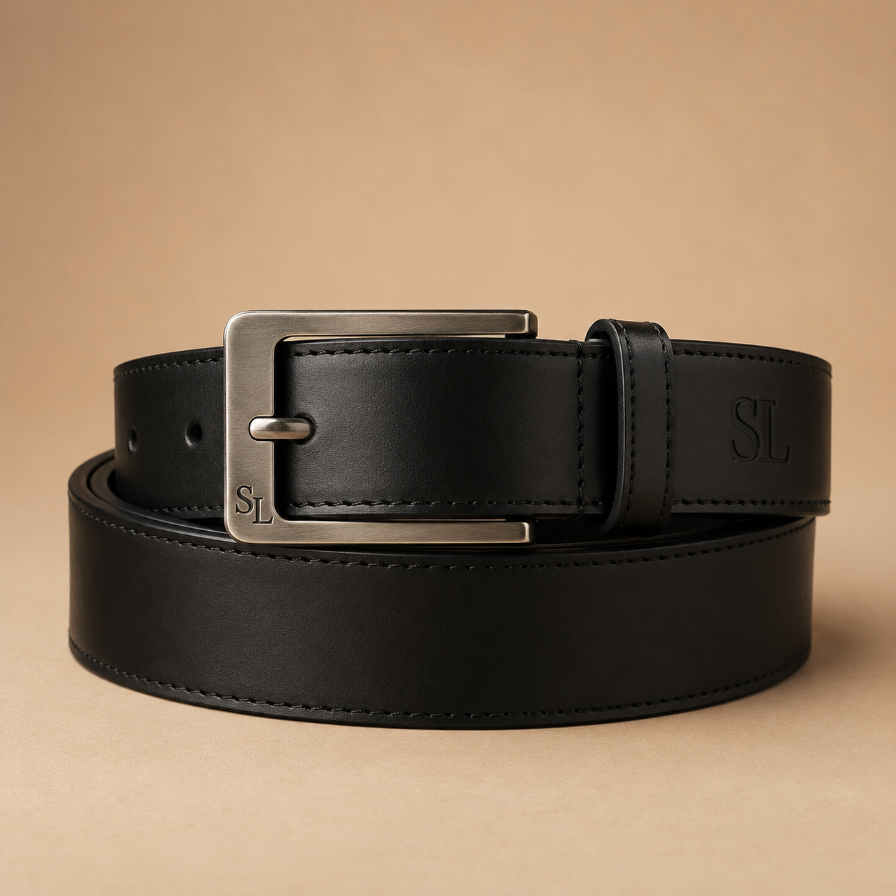 Leather Belt With Engraved Buckle - Black